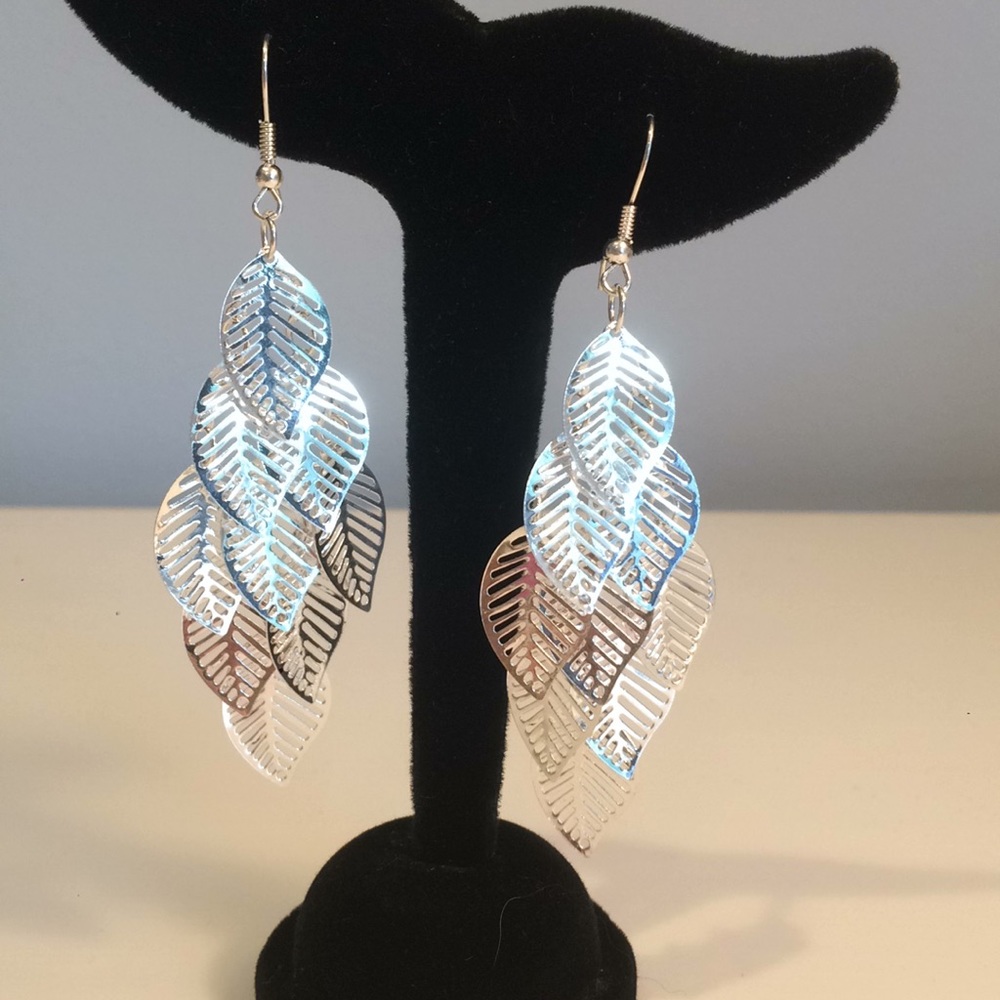 Sterling Silver Multi-Layer Leaf Drop Earrings - Picture 2 of 3